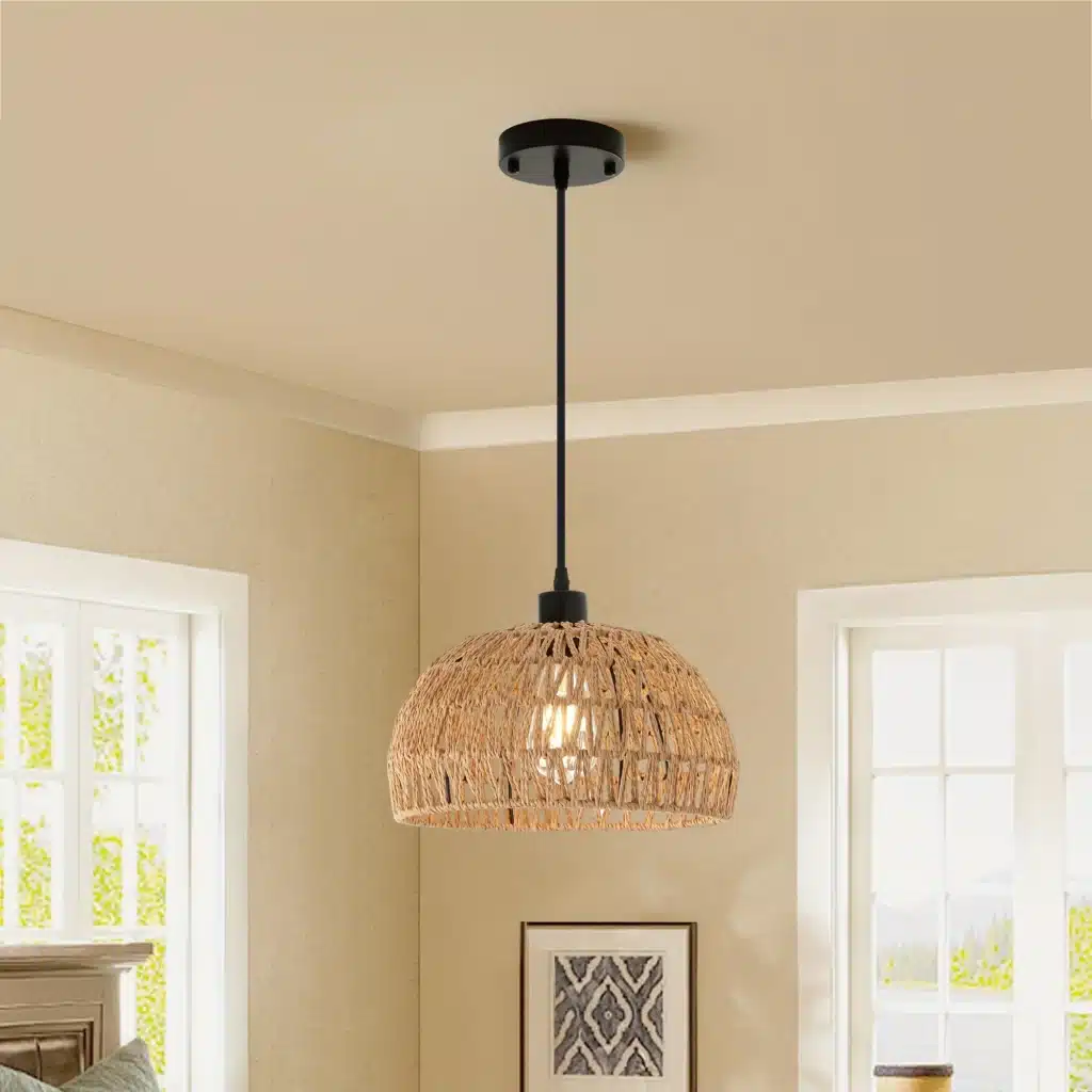 Boho pendant light hanging over a kitchen island, woven rattan and rope chandelier