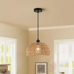 Boho Rattan Pendant Light, Farmhouse Woven Rope Chandelier, Rustic Cage Hanging Lamp, E26 Semi Flush Mount for Kitchen Island