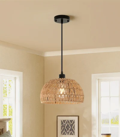Boho Rattan Pendant Light, Farmhouse Woven Rope Chandelier, Rustic Cage Hanging Lamp, E26 Semi Flush Mount for Kitchen Island