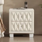 Beige velvet nightstand with two drawers and crystal knobs tufted bedside table for bedroom storage