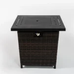 Square propane fire pit table with wicker base on patio