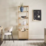 FCJ Oak Transitional Narrow Bookshelf with Drawer for Home Office Workshop Living Room Melamine Wood Style for Book Storage