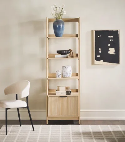 FCJ Oak Transitional Narrow Bookshelf with Drawer for Home Office Workshop Living Room Melamine Wood Style for Book Storage