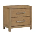 Modern light brown nightstand with power outlets and USB ports featuring two drawers and stainless steel handles
