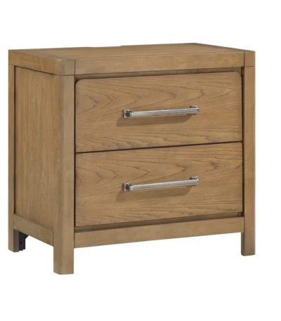Modern light brown nightstand with power outlets and USB ports featuring two drawers and stainless steel handles