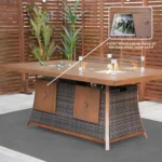 HMS Brown Wicker Rectangular Outdoor Gas Fire Pit Table Ice Bucket Made Corten Steel for Garden Use Can Use Propane Gas