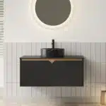 36-inch wall-mounted floating bathroom vanity with twill double doors and metal trim, shown from front angle in a
