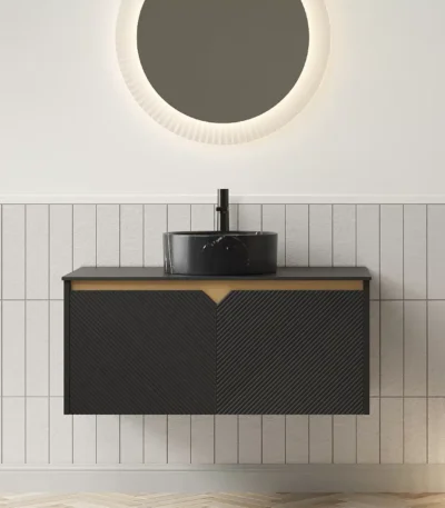 36-inch wall-mounted floating bathroom vanity with twill double doors and metal trim, shown from front angle in a