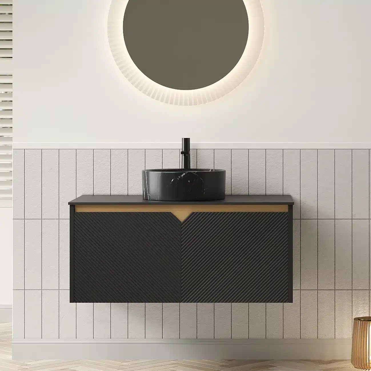 36-inch wall-mounted floating bathroom vanity with twill double doors and metal trim, shown from front angle in a