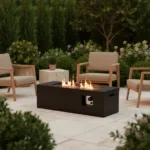 Propane fire pit with glass beads glowing at dusk