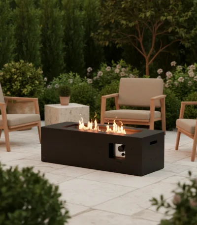 Propane fire pit with glass beads glowing at dusk