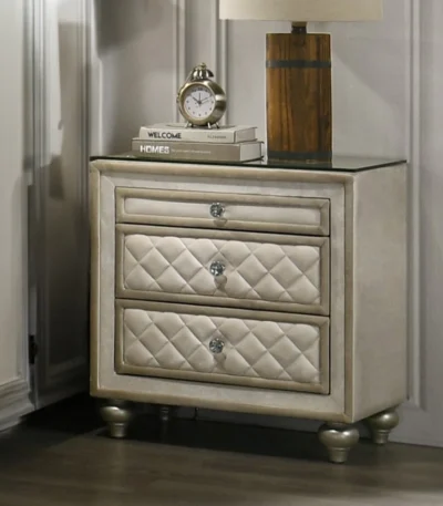 Goldoma beige 2-drawer nightstand with quilted design and glass top for bedroom storage