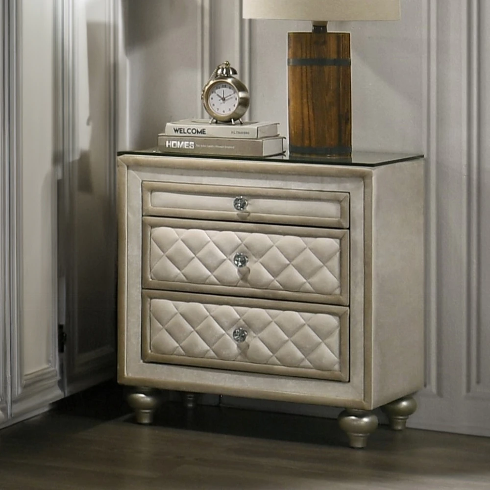 Goldoma Beige 2-Drawer Nightstand with Quilted Design and Glass Top