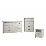 White bedroom set with dresser chest and nightstand featuring USB ports