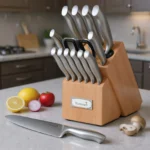 Kuisine 15-piece stainless steel knife set with natural wood block and built-in sharpener