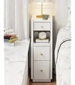 Beige leather narrow nightstand with drawers and stone top, perfect as a small bedside table