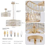 US Stock Free Shipping Fast Ship Modern Gold Crystal Chandelier Dining Room 18" Round Adjustable Hanging Pendant Light