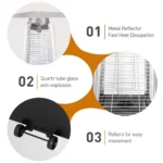 Pyramid stainless steel patio heater with infrared glass tube glowing in outdoor setting