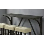 Modern brown dining table set with USB ports and three beige biscuit-tufted stools