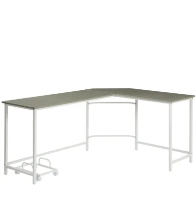 HMS 66 Gray White L-Shaped Computer Desk Modern Ergonomic PC Desk Extendable Design Wooden Plastic Cup Holder Metal