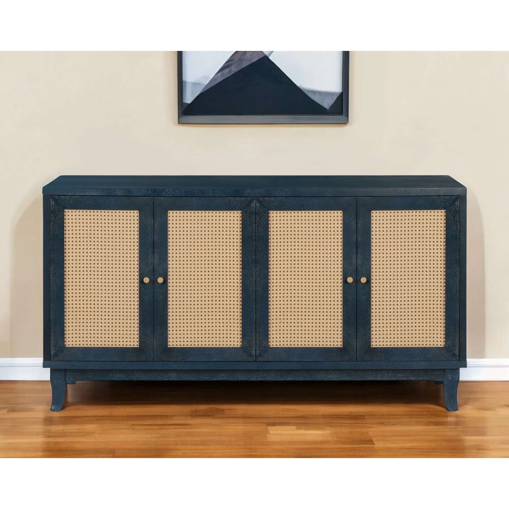 Hb232cdd01b314626a40fa1d86564070ei.webp HMS 60 Blue Midcentury Modern Sideboard Distressed Mango Wood and Rattan with Four Doors for Home Bar Furniture - Image 1