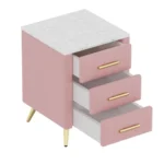 Modern upholstered nightstand with 3 drawers and metal legs in bedroom setting