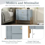 Modern fluted nightstand with 2 drawers, golden metal handles and legs, blue bedside table for bedroom
