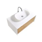 Close-up of the white MDF vanity's sink basin and countertop, highlighting the clean, minimalist surface.