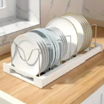 Pull out dish rack with expandable design and dishwater strainer in modern kitchen