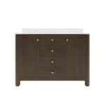 Goldoma bathroom vanity illuminated by natural light, showing the rich wood color and seamless integration with a