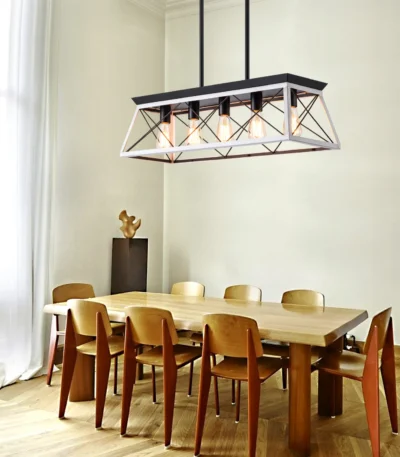 Goldoma 32-inch black and white 5-light pendant chandelier with modern metal cage design, hanging from ceiling in a