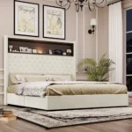 Goldoma velvet tufted queen bed frame with 52-inch lighted headboard and built-in USB charging port in a modern bedroom setting