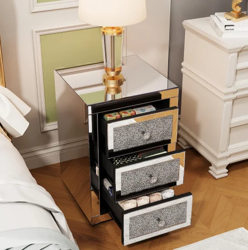 Modern Crystal Diamond 3-Drawer Nightstand with Mirrored Finish