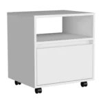 White nightstand with drawer and open shelf on casters, 20 inches tall, modern compact design for bedroom or living room storage