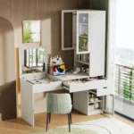 Modern Solid Oak Wood Dresser Vanity Table with adjustable lighted mirror and storage drawers - Goldoma oak wood dresser vanity