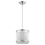 Side view of the HMS hanging light with fabric shade, showing the copper accents and the light's adjustable cord over a