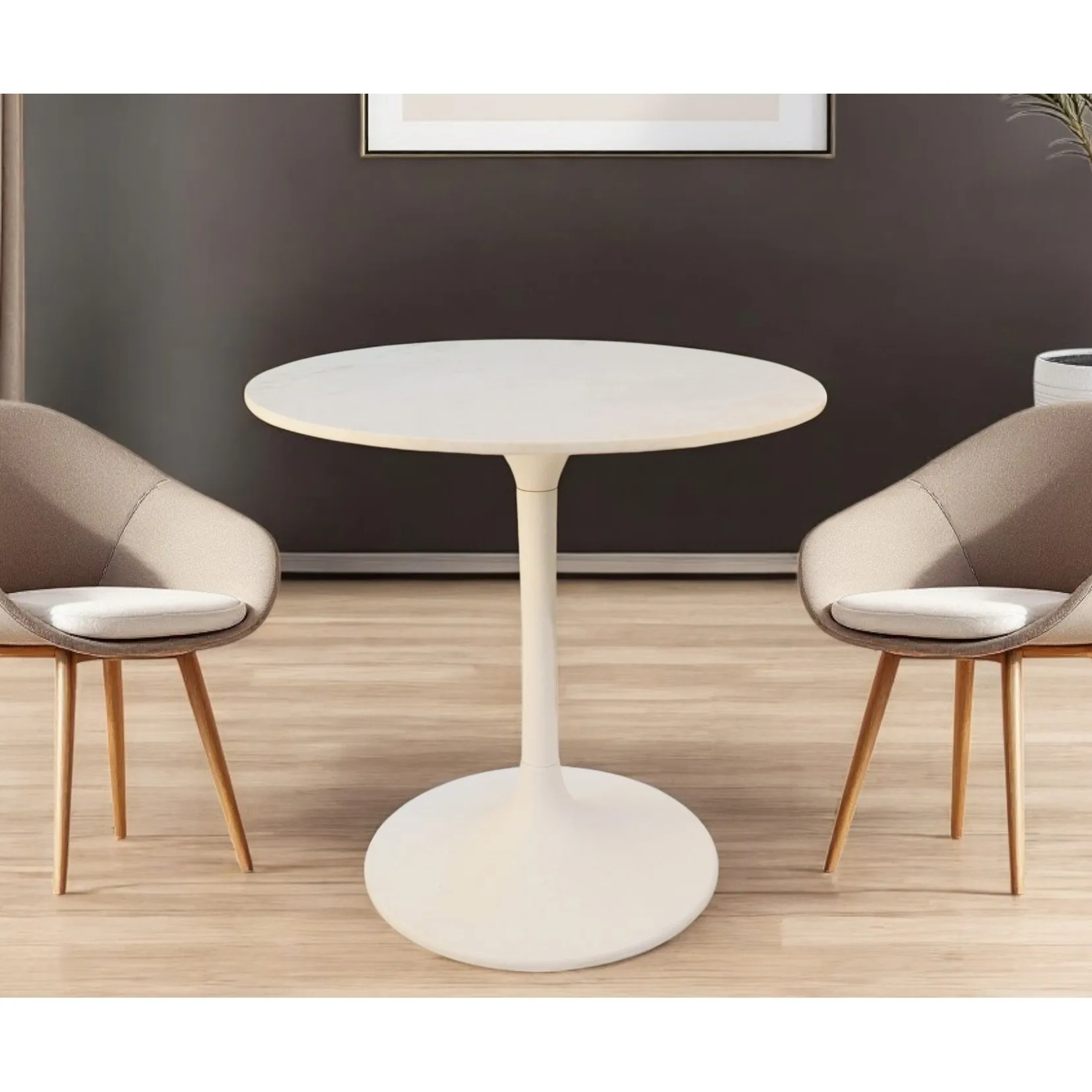 30" White Rounded Marble Dining Table with Iron Pedestal Base