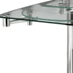 40 inch clear glass extendable dining table with self-storing leaf and silver metal pedestal base, modern design