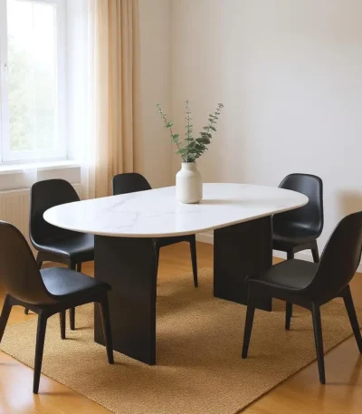 72-inch white and black marble oval dining table with solid wood sled base in a dining room setting