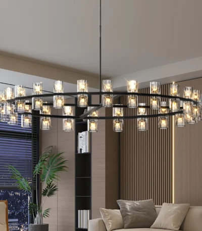 US Stock Free Shipping 48 Inch Matte Black Round Modern Crystal Chandelier G4 LED Hanging Light for Living Dining Room