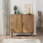 Walnut Wood Multifunctional Buffet Cabinet with Line Groove Design for Home Bar or Home Accent Storage Sideboard Cabinet - Image 2