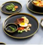 Gilt Rim Black Porcelain Dinner Plates Kitchen Dishes Ceramics Tableware Food Tray Rice Salad Noodles Bowl Cutlery Set