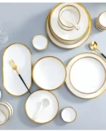 Nordic Style Gold Inlay Bright White Porcelain Dinner Sets Ceramic Bowl Dish Plates Set Porcelain Dinnerware For Household