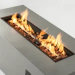 Goldoma 50k BTU fire pit with natural gas flames on a patio
