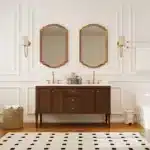 Goldoma 48-inch double sink bathroom vanity in brown/black finish, fully assembled, freestanding against a tiled wall.