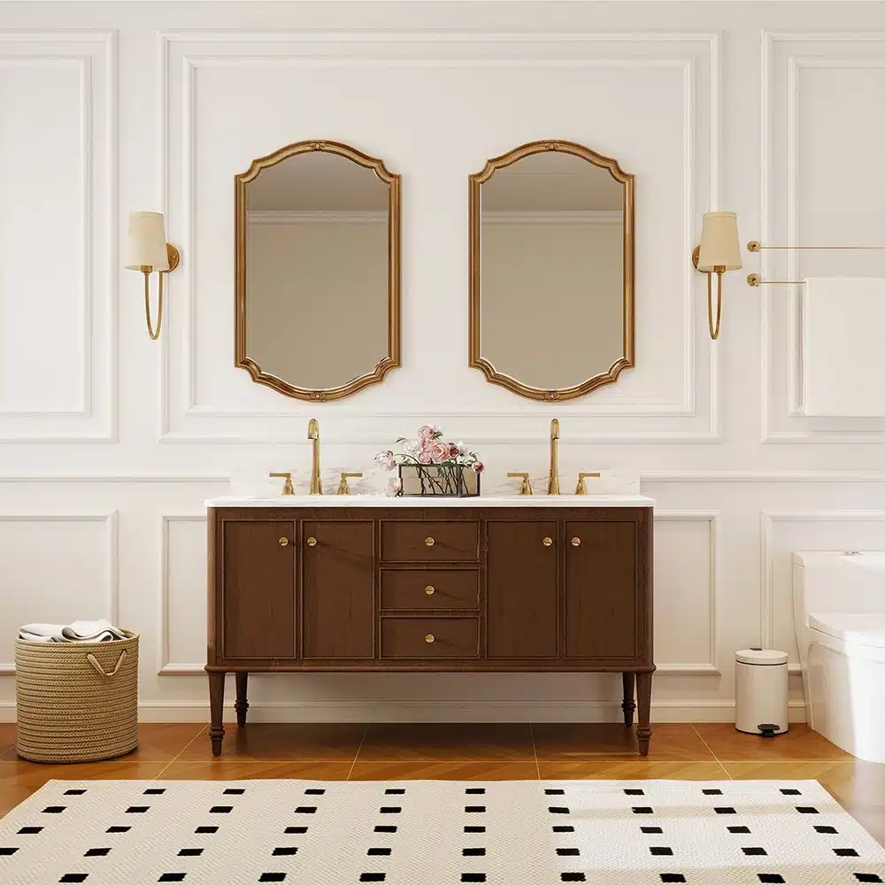 Goldoma 48-inch double sink bathroom vanity in brown/black finish, fully assembled, freestanding against a tiled wall.