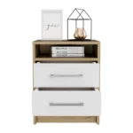 White and light oak nightstand with two drawers and stainless steel handles for bedroom storage