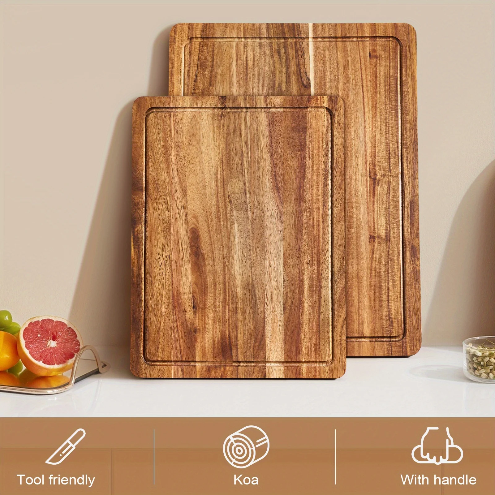 Extra large chopping board with juice groove on kitchen counter