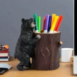Resin Little Bear Holding Tree Stump Pen Holder-Hand-painted Art-Bionic Design-Desktop/Office Area Fun and Practical Decor