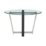 Round glass dining table with black iron sled base - 48 inch clear glass top, modern design, seats 4